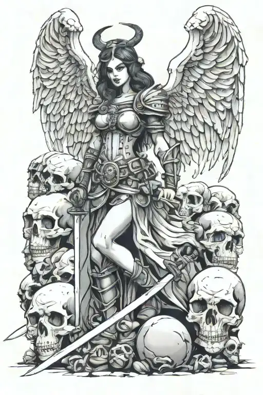 female angel of death warrior holding sword standing on a mound of skulls tattoo design idea