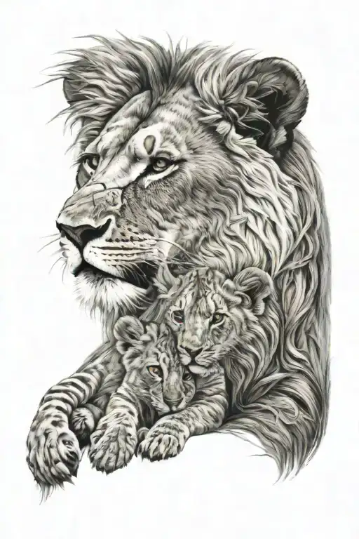 lion and cub surrounded tattoo design idea