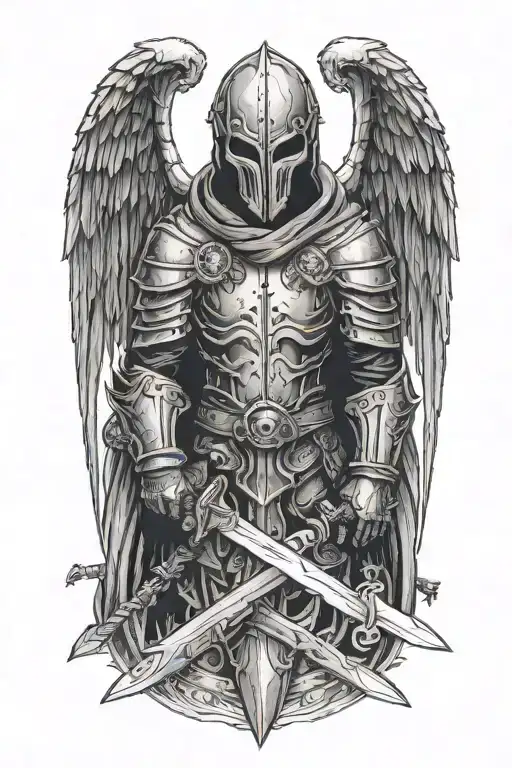 Front view of a skullknight with a hood and wings, holding a sword in the middle with the tip pointing downwards tattoo design idea