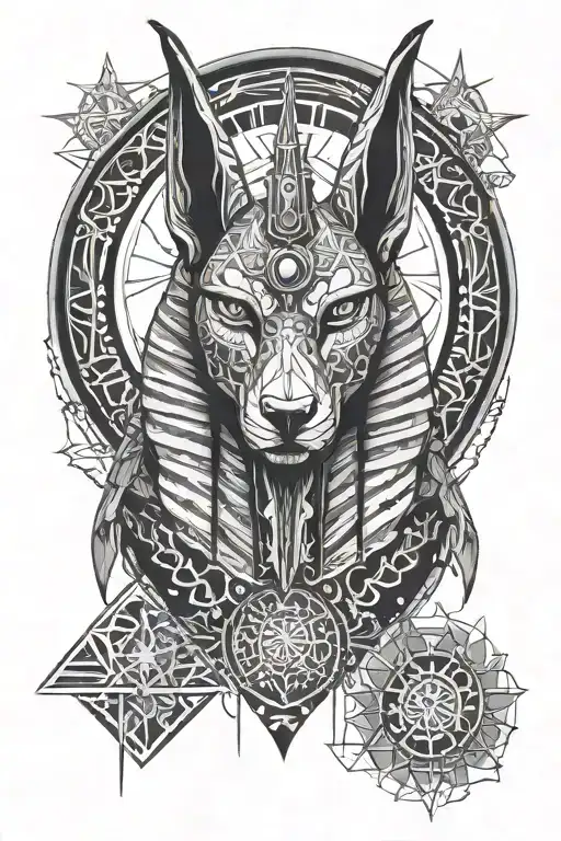 dark Anubis Egyptian god surrounded by geometric shapes and circles tattoo design idea