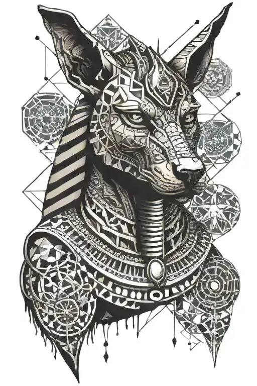 dark Anubis Egyptian god surrounded by geometric shapes and circles tattoo design idea