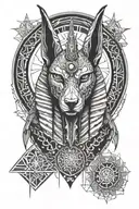 dark Anubis Egyptian god surrounded by geometric shapes and circles tattoo design idea