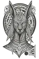 dark Anubis Egyptian god surrounded by geometric shapes and circles tattoo design idea