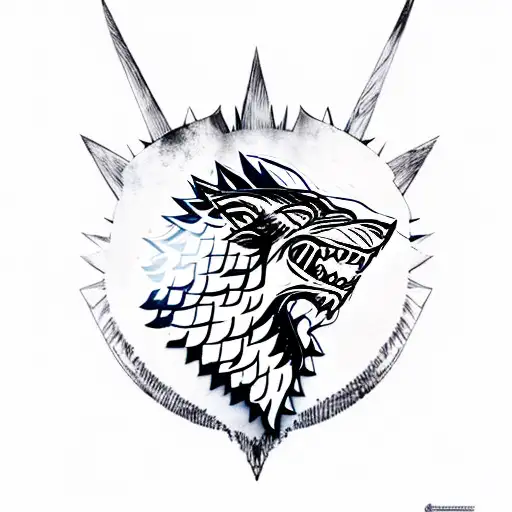 Game of thrones stark wolf with winterfell castle surounding  tattoo design idea