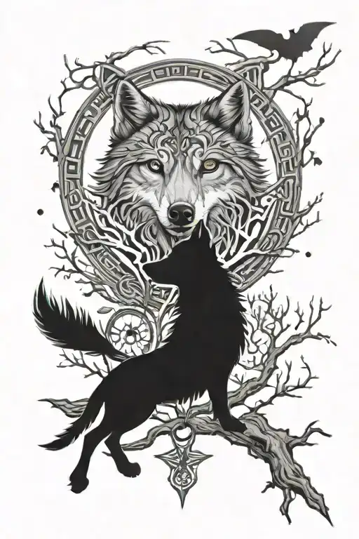 witch wolf full moon tree of life syringe and greek eye tattoo design idea