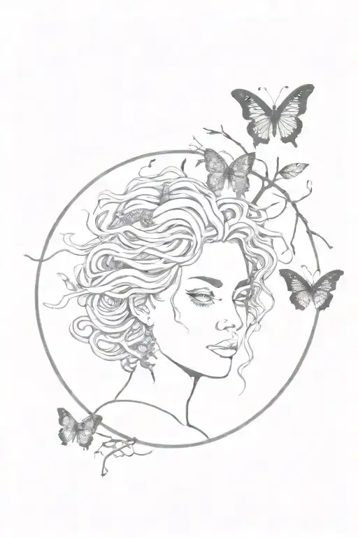 Medusa, circle with a branch inside, and butterflies  tattoo design idea