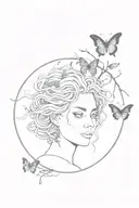 Medusa, circle with a branch inside, and butterflies  tattoo design idea