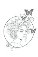 Medusa, circle with a branch inside, and butterflies  tattoo design idea