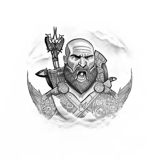 A dotwork tattoo inspired by the God of War video game with a philosophical quote incorporated tattoo design idea