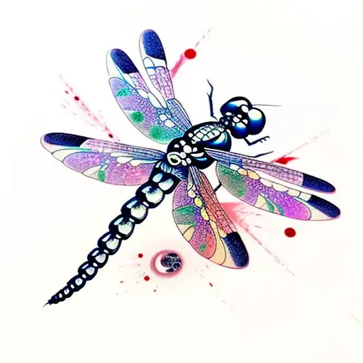 Dragonfly, blood, pain, skeleton ink splatter tattoo design idea