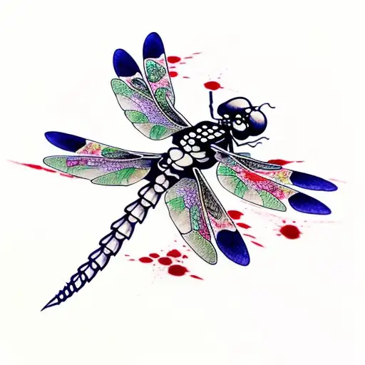 Dragonfly, blood, pain, skeleton ink splatter tattoo design idea
