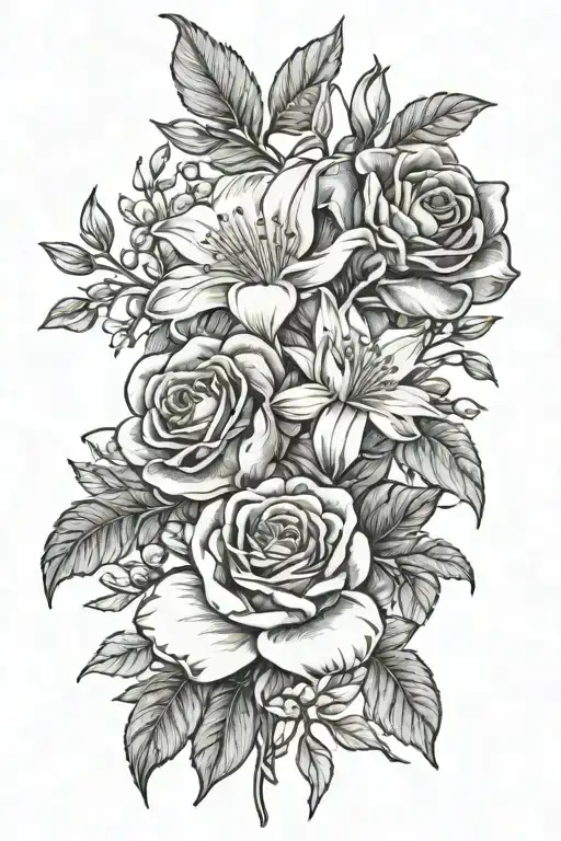 honeysuckle, rose, carnation, daisy, snowdrop, sweet pea tattoo design idea