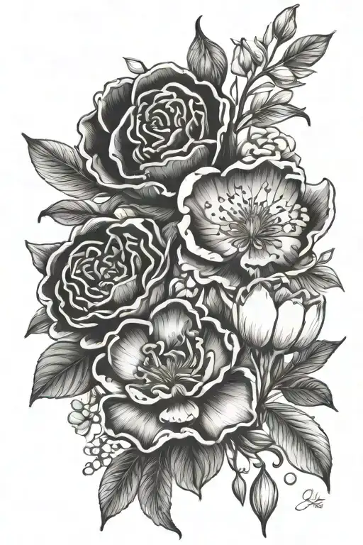 honeysuckle, rose, carnation, daisy, snowdrop, sweet pea tattoo design idea