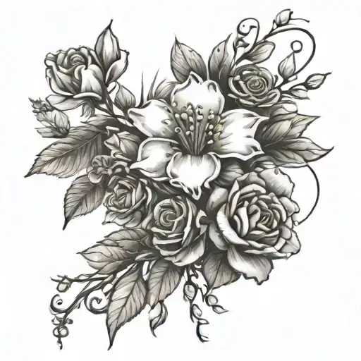 honeysuckle, rose, carnation, daisy, snowdrop, sweet pea tattoo design idea