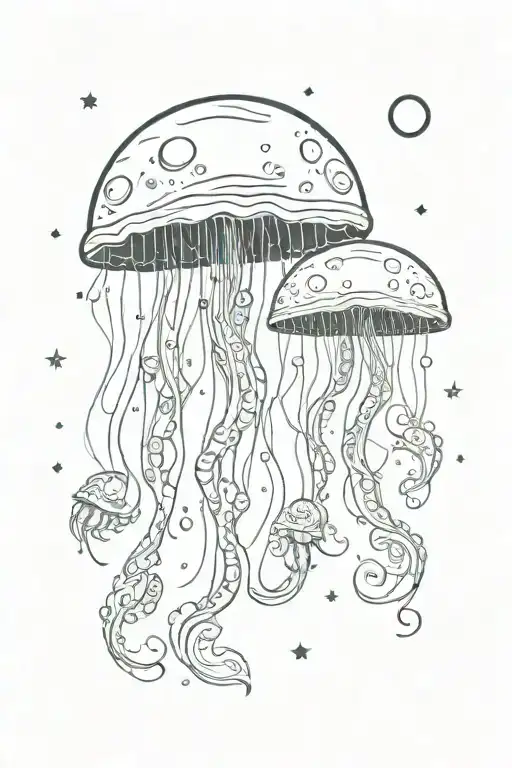 jellyfish swimming in space theme with moon and sun  tattoo design idea