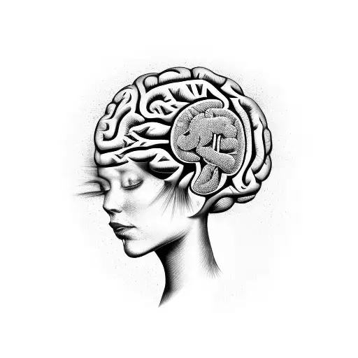 A surrealistic representation of a horse merging with a human brain tattoo design idea