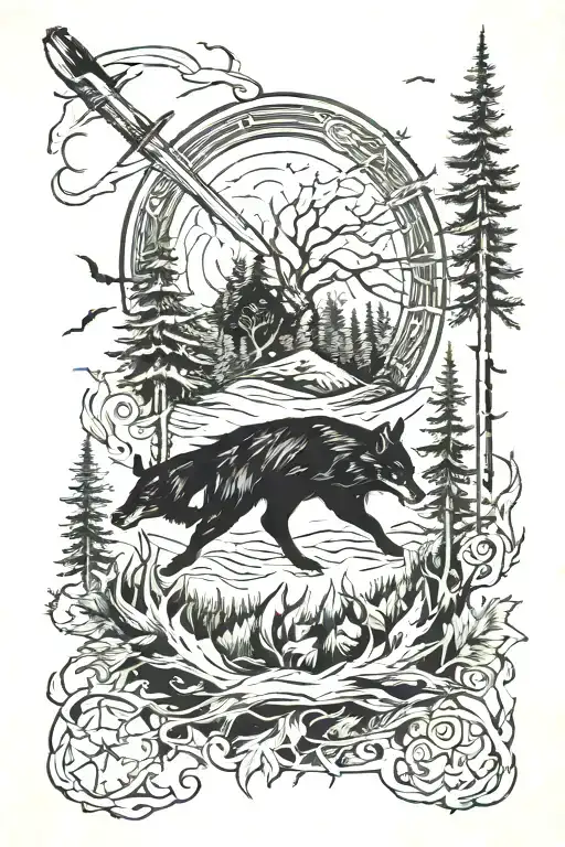 forest sleeve with wolf, crow and knife tattoo design idea