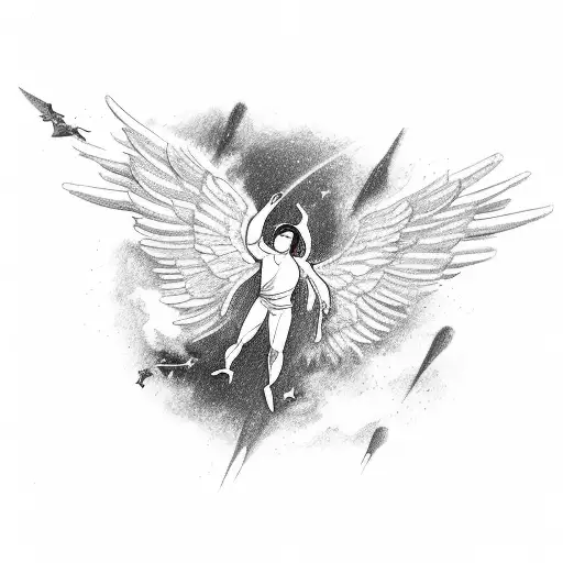 An artistic representation of an angel named Ícaro plummeting from the galaxy with broken wings tattoo design idea