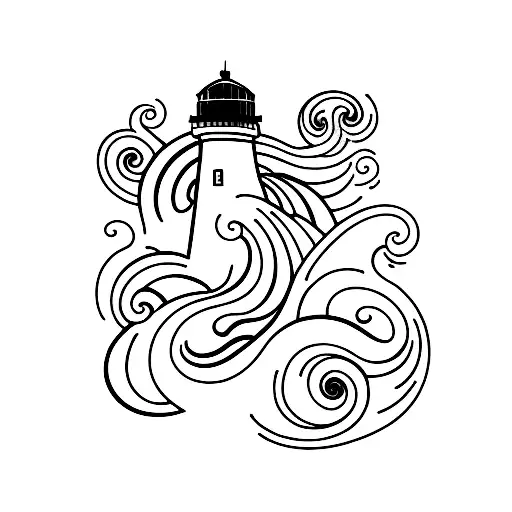 Ocean waves crashing against a lighthouse tattoo design idea