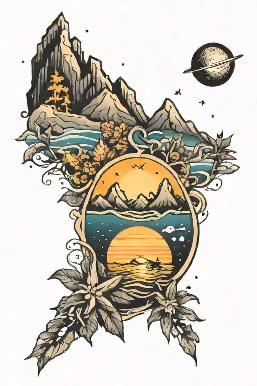 oceans mountains sun stars saturn forests tattoo design idea
