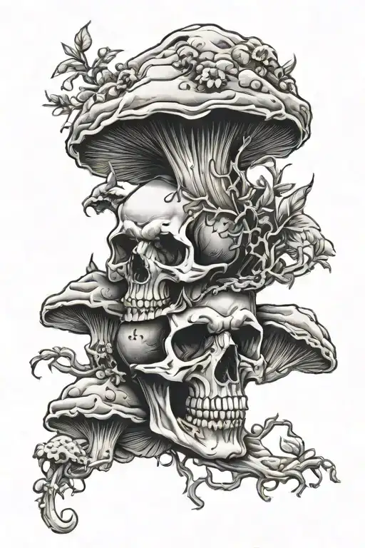 skull and mushrooms growing tattoo design idea
