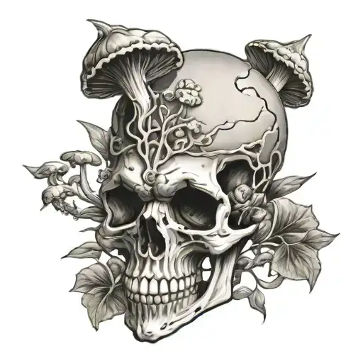 skull and mushrooms growing tattoo design idea