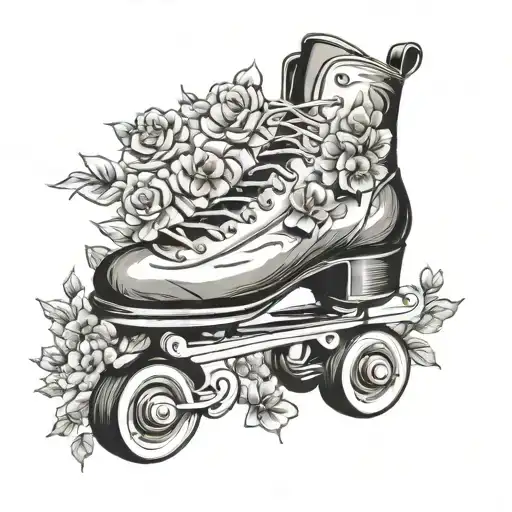 A whimsical roller skate surrounded by blooming flowers tattoo design idea