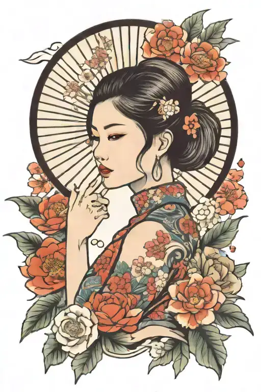 girl with flowers and fan tattoo design idea