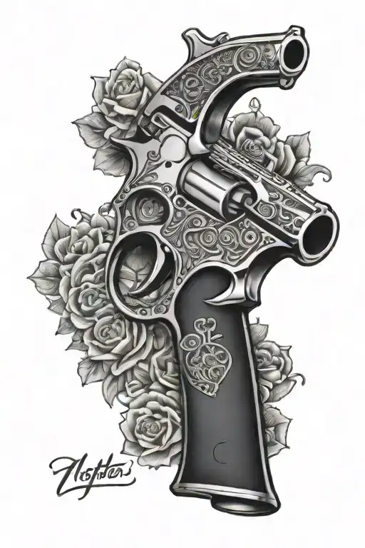 A tattoo design of a pistol grip shotgun intertwined with intricate patterns symbolizing love for your girl tattoo design idea