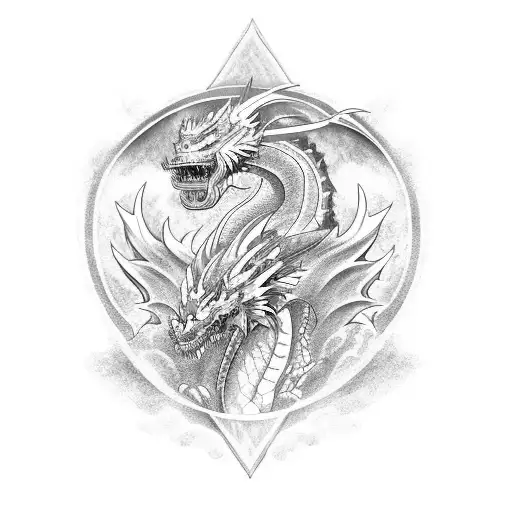 A fierce dragon holding a greatsword in its claws tattoo design idea