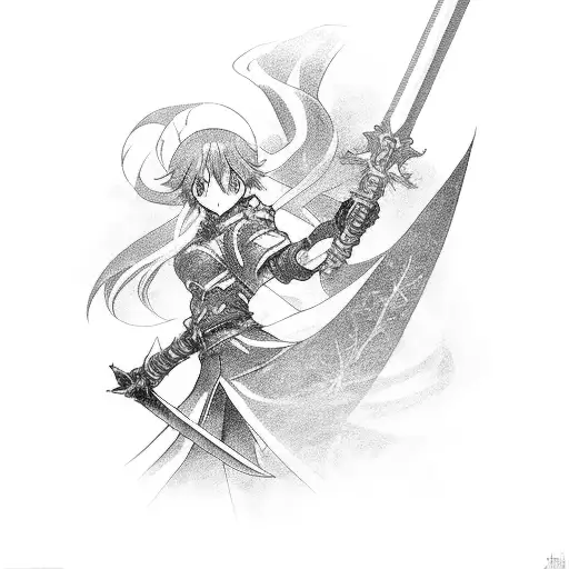 An anime-inspired character wielding a magical greatsword tattoo design idea