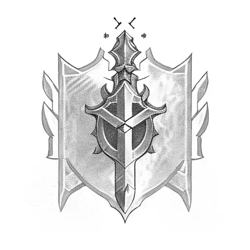 A powerful MMORPG character wielding a greatsword and shield in a sketch style tattoo design idea