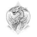 A fierce dragon holding a greatsword in its claws tattoo design idea