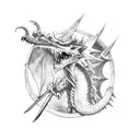A fierce dragon holding a greatsword in its claws tattoo design idea