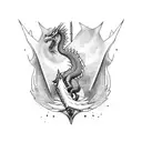 A fierce dragon holding a greatsword in its claws tattoo design idea