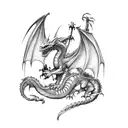 A fierce dragon holding a greatsword in its claws tattoo design idea
