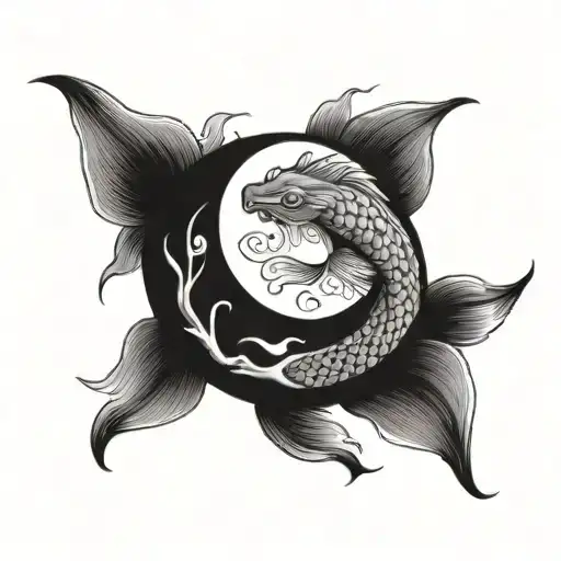 yin yang world with one koi fish white and one koi fish black  tattoo design idea