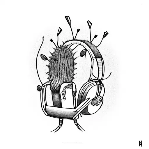 A cactus with headphones and musical notes as spikes tattoo design idea