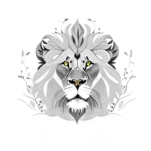 Lion surrounded by gold flowers, tree roots, vines tattoo design idea