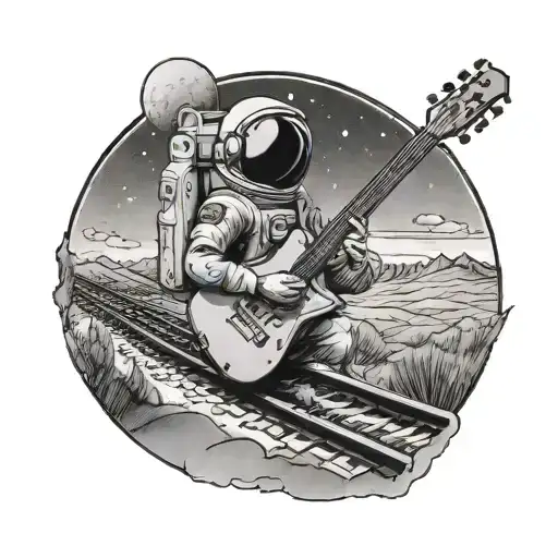 An astronaut playing a guitar on a moonlit train track in a dreamy landscape tattoo design idea