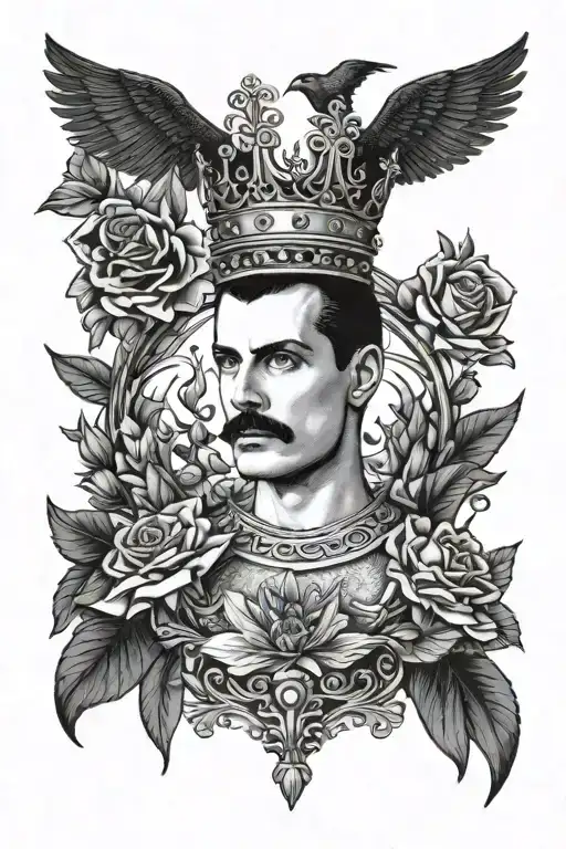 Freddie Mercury facing away holding crown surrounded tattoo design idea