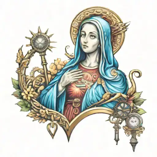 A stylized Virgin Mary surrounded by medical symbols like a stethoscope and a caduceus tattoo design idea