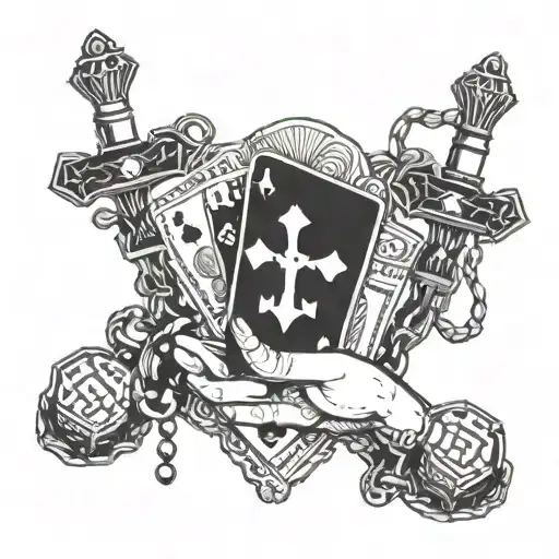 A nurse's hands holding a rosary with Las Vegas playing cards intertwined, symbolizing faith and luck tattoo design idea