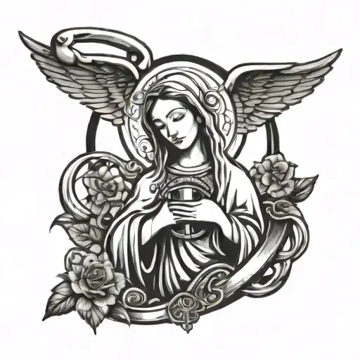 A stylized Virgin Mary surrounded by medical symbols like a stethoscope and a caduceus tattoo design idea