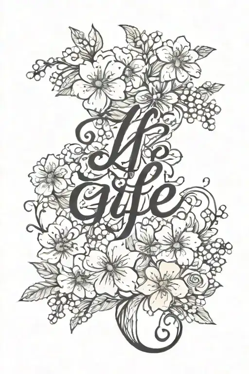A bold, cursive font for the words "LIFE" and "GOD" ·	A delicate, whimsical design with flowers (perhaps cherry blossoms tattoo design idea