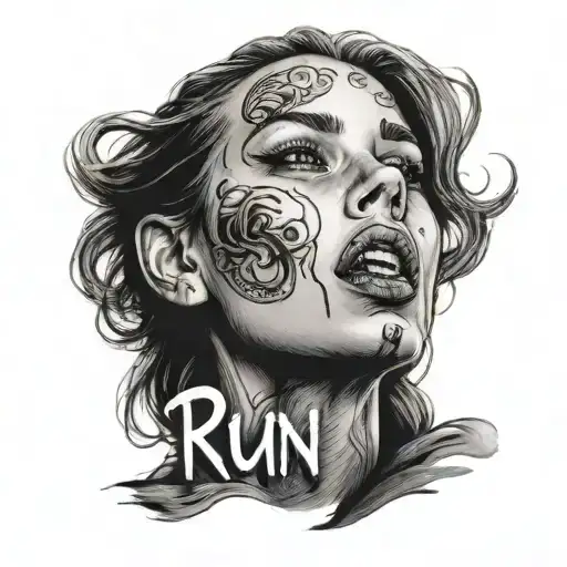 dark tattoo of a woman's face with her tongue sticking out and the word "RUN" written on it, black tattoo with a small a tattoo design idea