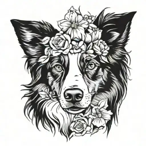 border collie portrait flower tattoo tattoo design idea