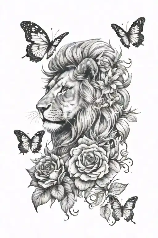 Lion with september, october, may birth flowers and butterfly  tattoo design idea