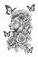 Lion with september, october, may birth flowers and butterfly  tattoo design idea