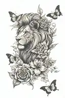Lion with september, october, may birth flowers and butterfly  tattoo design idea